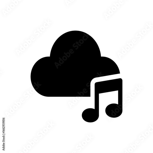 Black cloud icon with a music note, suggesting cloud based music storage and streaming services online access
