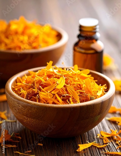 Dried orange petals in wooden bowls