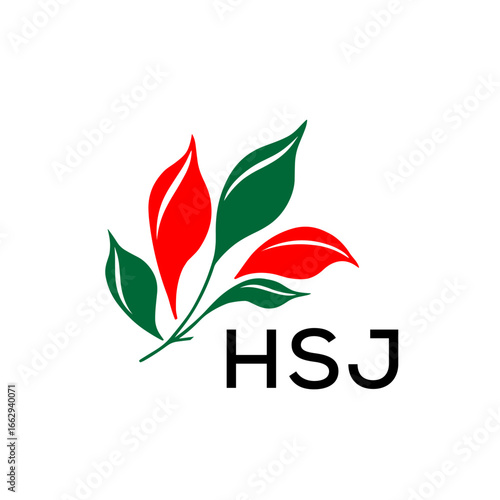 Modern Nature Inspired Logo with Red and Green Leaves, HSJ Later Logo, Abstract Botanical Logo with Elegant Typography , 
