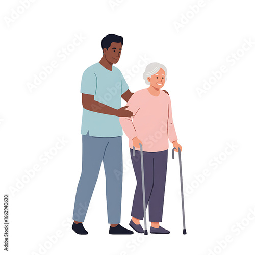 Caregiver assisting elderly woman with walking stick, support and help concept