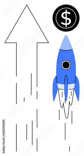 Blue rocket ascending alongside large upward arrow toward dollar sign. Ideal for finance, growth, success, entrepreneurship, innovation, investment, achievement. Vibrant and simple flat metaphor