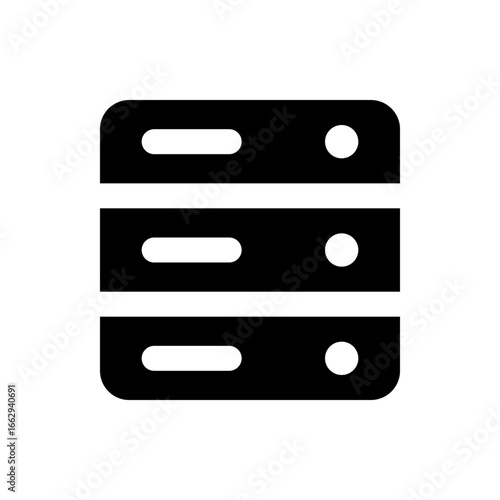 Illustration of a black server rack with three tiers each having a handle and a status light icon