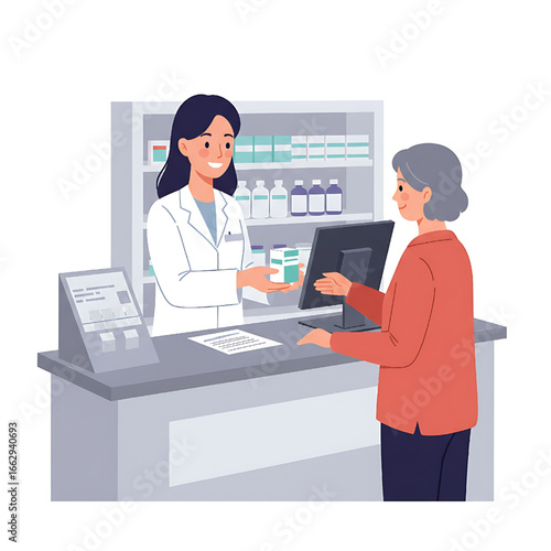 Pharmacist dispensing medication to a senior woman at pharmacy counter