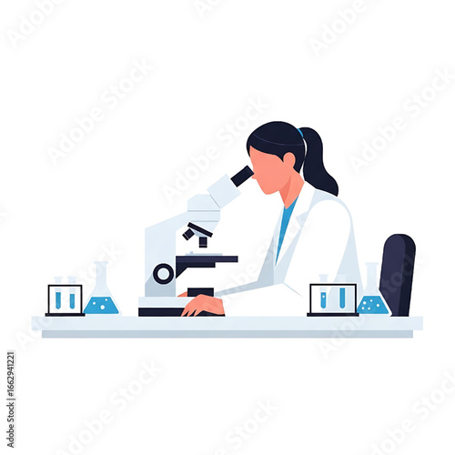 Scientist with microscope studying in lab, research and development concept