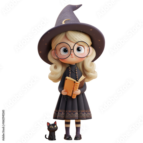 3d cute witch on transparent png background