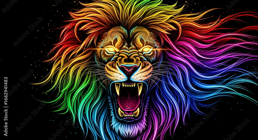 Obraz premium Neon lion head roaring with rainbow glowing mane
