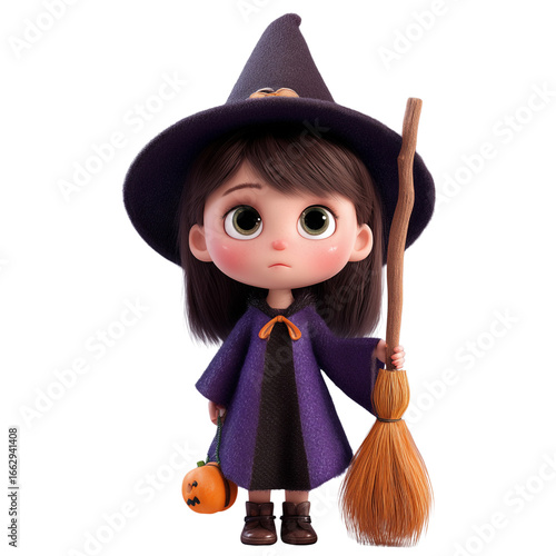 3d cute witch on transparent png background