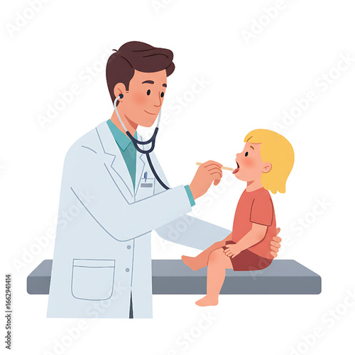 Doctor examining a child's throat, medical checkup, healthcare illustration