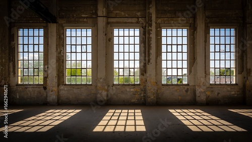 Wallpaper Mural Sunlight streams through large industrial warehouse windows casting geometric shadows on the dusty concrete floor creating a dramatic and atmospheric scene of abandonment and decay Torontodigital.ca