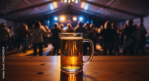 beer mug on wooden table at lively party with people dancing under festive lights in large tent, capturing warm ambiance, social gathering, nighttime enjoyment, celebration