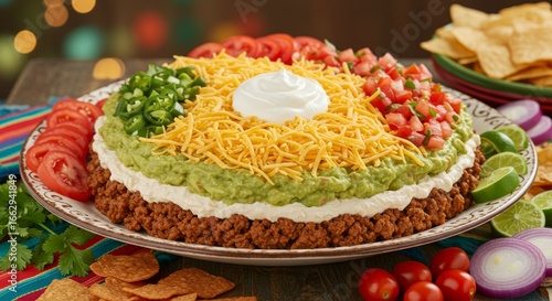 Colorful Seven Layer Taco Dip with Guacamole and Ground Beef