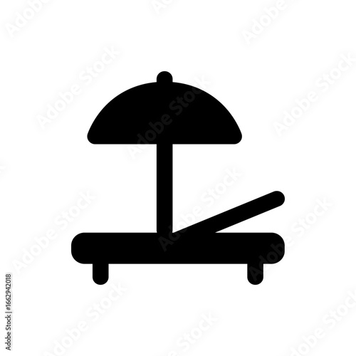 Illustration of a black beach chair with an umbrella providing shade on a white background in vector format