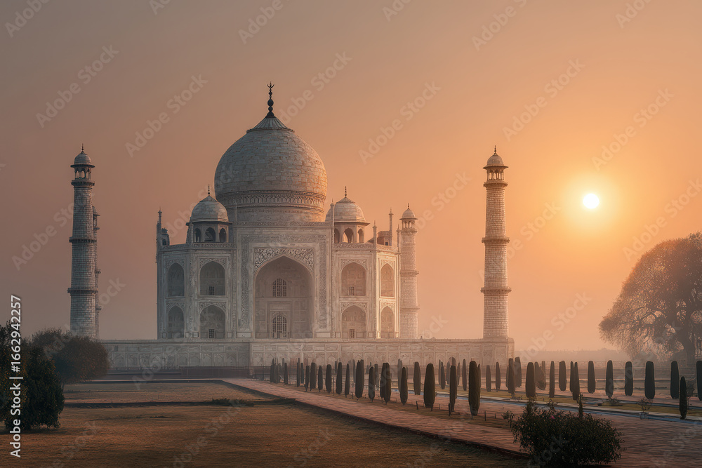 Naklejka premium experience breathtaking sunset over taj mahal in india where sky transforms into breathtaking canvas of colors