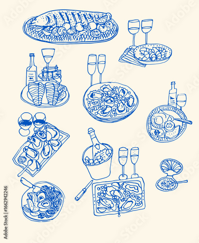 Seafood Dishes and Drinks Sketch Oysters, Fish, and Wine