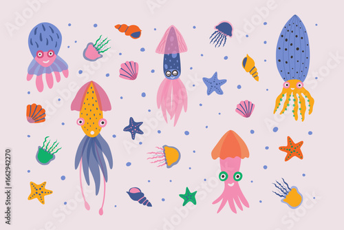 Set of octopuses and squids in cartoon style. Cute sea characters in childrens style. Vector illustration for childrens book, coloring book or clothes