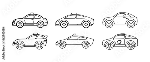 Various cartoon style police cars lined up in a symmetrical arrangement, showcasing diverse designs and shapes