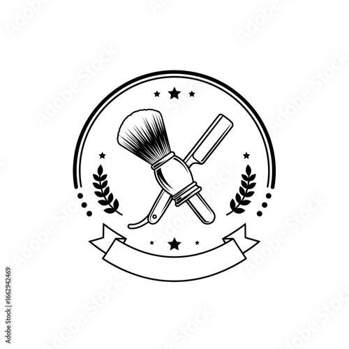A classic barber shop logo featuring a shaving brush and razor.  Perfect for a vintage or traditional barbershop.