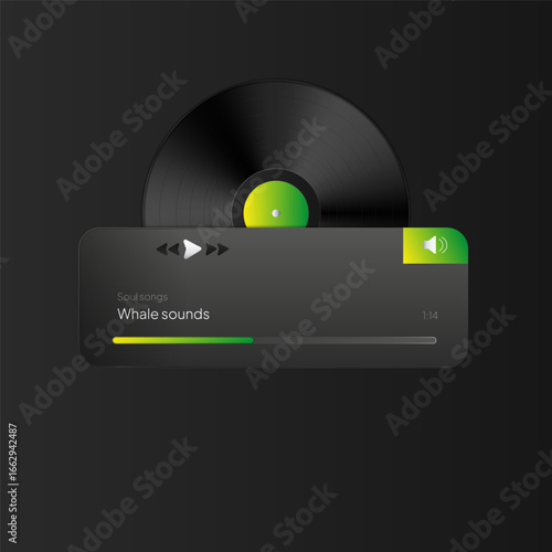 Vinyl record with a glossy black surface displayed on a dark background