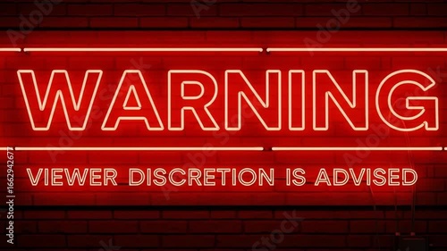 Warning Sign: Viewer Discretion Advised. Warning disturbing content viewer discretion is advised animated sign concept TV black screen. 4K footage download