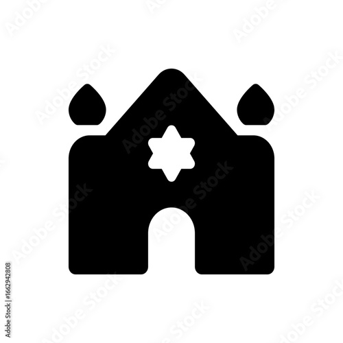 Illustration of a black synagogue with a white star of david and two teardrop shapes on top corners