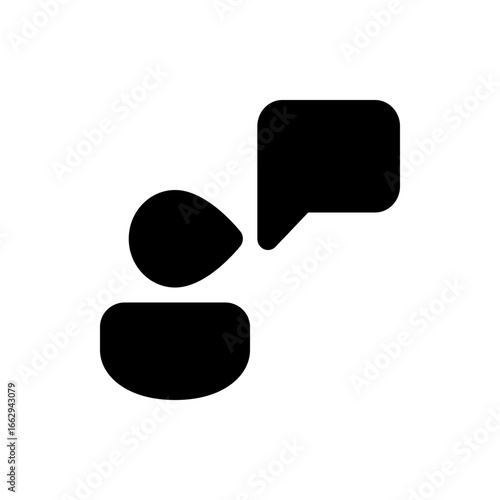 Black graphic of a person with a speech bubble indicating communication and interaction on white background