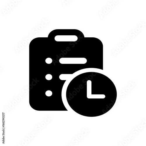 Black clipboard with list items and a clock icon indicating time management or deadline approaching task
