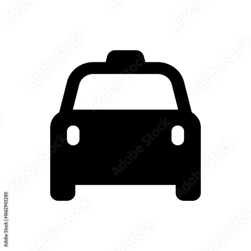 A simple front view of a black taxi cab featuring headlights and a roof light in a minimalist design style