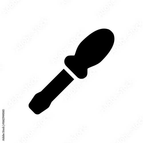 Illustration of a black flathead screwdriver with a rounded handle on a white background displayed diagonally