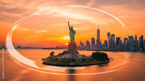Statue of Liberty at sunset, encircled, overlooking the New York City skyline.