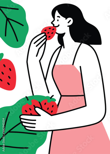 line of women eating strawberries Illustrator Artwork design template poster