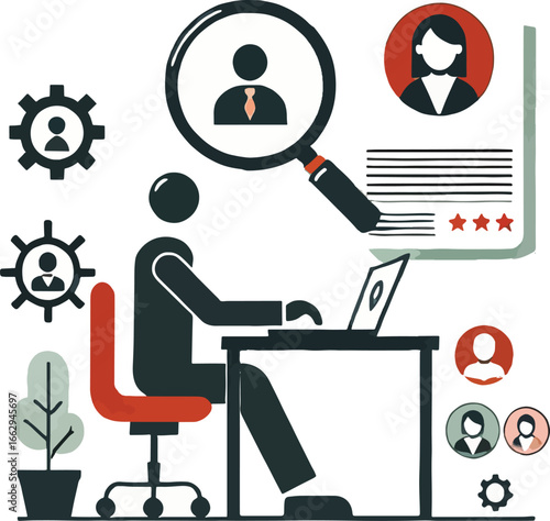 Person Reviewing Profiles Using Magnifying Glass Laptop Red Chair