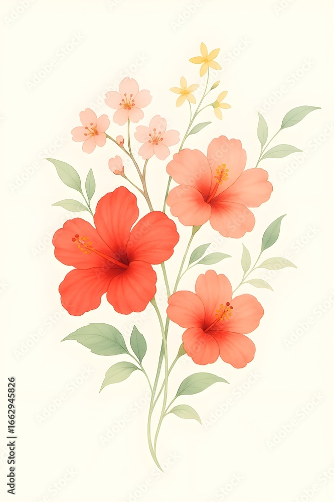 Fototapeta premium Watercolor illustration of red hibiscus flowers with delicate small blossoms and green leaves. Elegant botanical artwork perfect for greeting cards, wedding invitations, posters, fabric prints,