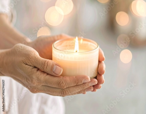 Hands holding a single lit candle calmly.