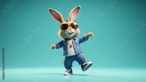Animated cartoon Easter bunny wearing stylish denim attire and sunglasses, posing in a dynamic dance pose.
