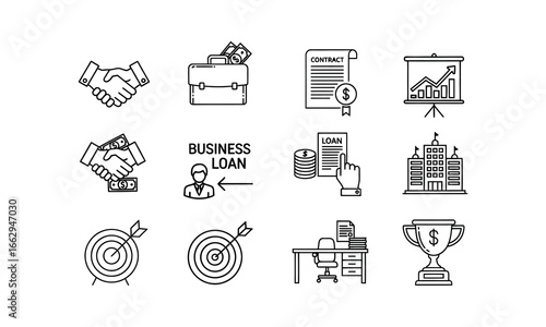 Vector icon collection dedicated to corporate finance and business development themes. This set includes essential outline symbols for investment, partnership agreements, strategic goals, and celebrat