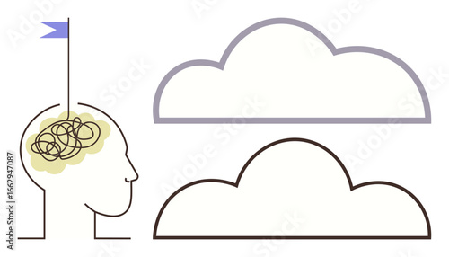 Head silhouette with tangled lines in brain, flag on top indicating goal, two clouds representing confusion versus clarity. Ideal for personal growth, mindset shift, transformation, focus
