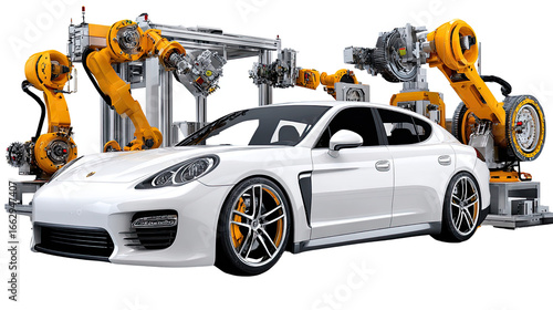 Robotic Precision:  A sleek, modern sports car gleams amidst a flurry of robotic arms. This image showcases cutting-edge automation and the efficiency of the modern industry.