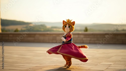 Animated ginger cat princess in a flowing dress, dancing outdoors on a patio.