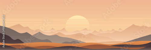 Minimalistic stylized landscape, mountain sunrise and sun, vector illustration, panoramic view
