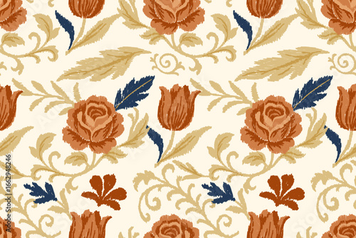 Ikat embroidery pattern. Ethnic seamless floral pattern with roses, tulips and leaves in vintage style. Abstract traditional fabric design for fabric, clothing, wallpaper.