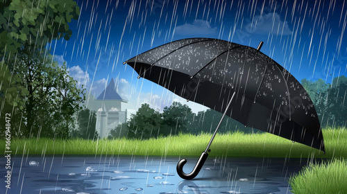 Black umbrella stands in a puddle during a cartoon-style rainstorm. Vibrant green grass and a house are visible in the background.