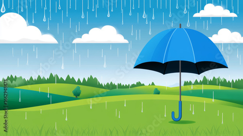 A blue umbrella stands tall in a field during a light rain shower. Green rolling hills provide a refreshing, protected landscape.