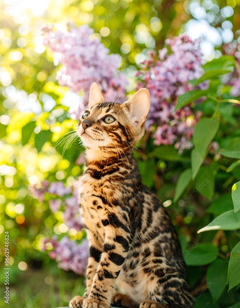 Fototapeta premium Bengal kitten in lilac bush