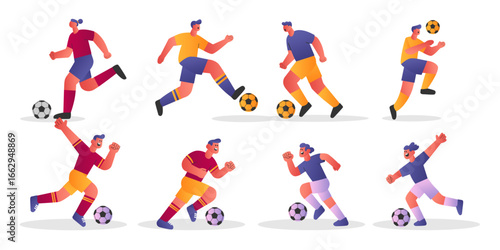 Flat vector illustration set of football players in different actions and movements. Versatile sports concept, ideal for web graphics, educational content, presentations, and promotional materials.