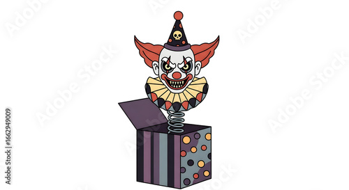 Creepy evil clown popping out of a surprise toy box, a scary Halloween flat vector graphic icon on a white background
