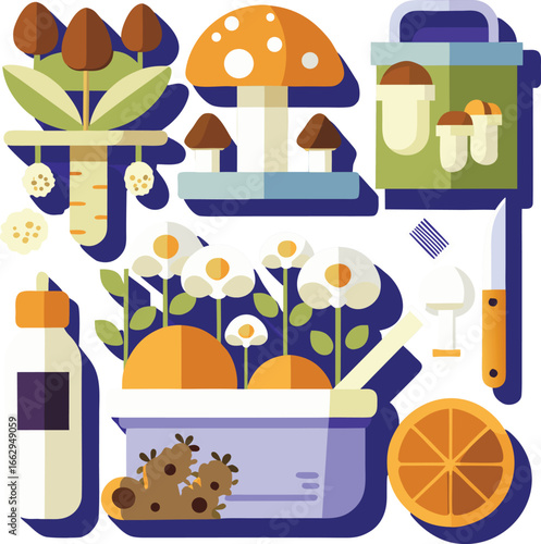 A flat lay composition of different mushroom grow.
