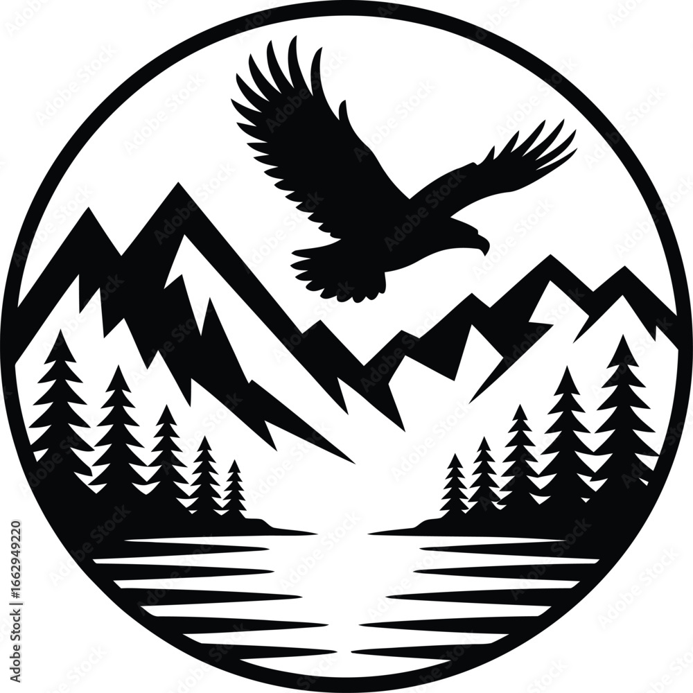Obraz premium Silhouette of an eagle soaring over a mountain lake with pine trees