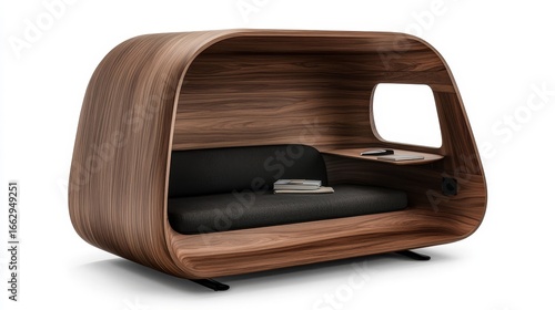 Modern Wooden Lounge Pod with Desk and Cozy Seating Area