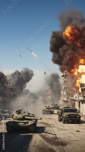 Dynamic Military Battle in a War-Torn City with Advancing Tanks, Missiles, and Airstrikes.
