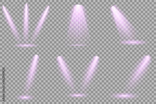Dark stage backdrop improves contrast Reflections add depth to spotlight scenes on floor. Multiple beam angles suit event or product scenes. Stage spotlights emit strong white directional light beams.